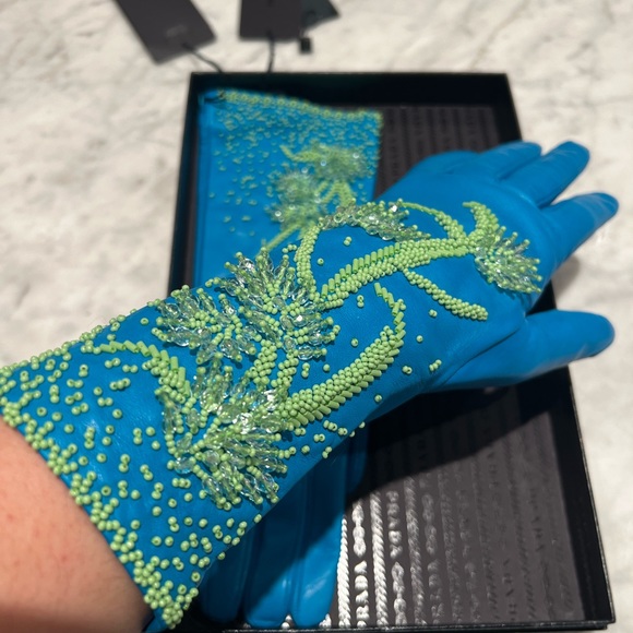 NWT PRADA Lamb Leather Long Embellished Gloves in box size 7.5 - Picture 4 of 11